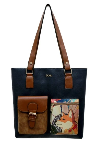 Women Vegan Leather Navy Shoulder Bag - Blooming Dog Design - 