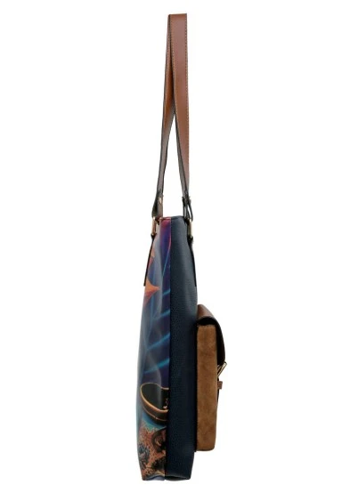 Women Vegan Leather Navy Shoulder Bag - Blooming Dog Design - 