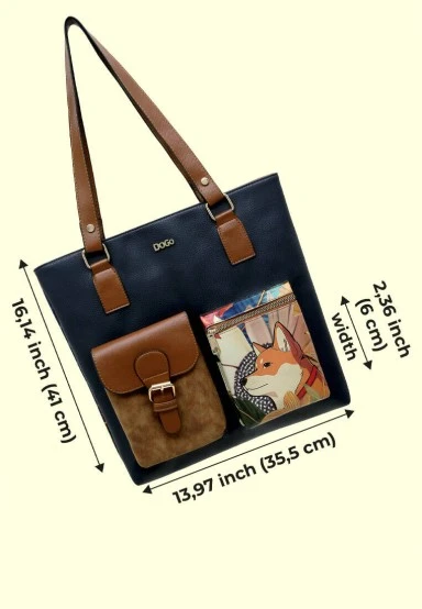 Women Vegan Leather Navy Shoulder Bag - Blooming Dog Design - 