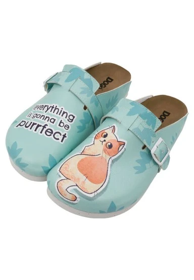 Women Vegan Leather Turquoise Slippers - Everything is Gonna Be Purrfect Design - 