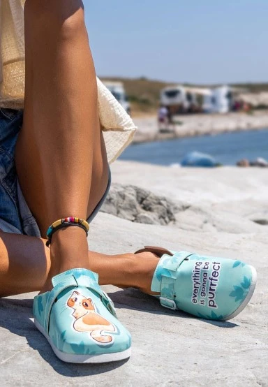 Women Vegan Leather Turquoise Slippers - Everything is Gonna Be Purrfect Design - 