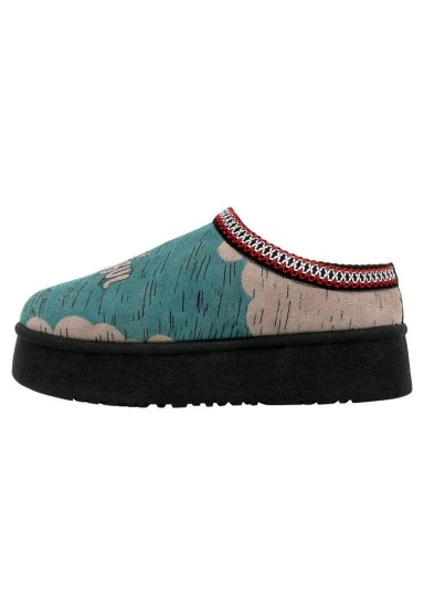 Women Vegan Leather Turquoise Plush Lined Slippers - Tram Nap Design - 