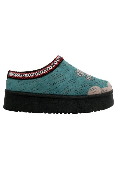 Women Vegan Leather Turquoise Plush Lined Slippers - Tram Nap Design - 