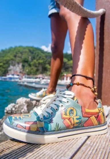 Women Vegan Leather Turquoise Sneakers - Love Design - 