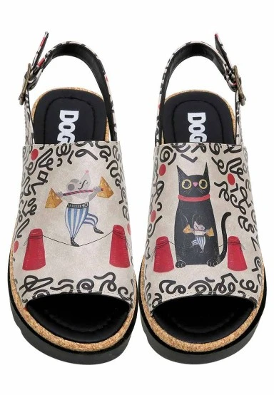 Women Vegan Leather Beige Wedge Sandals - Cat and Mouse Design - 
