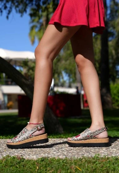 Women Vegan Leather Beige Wedge Sandals - Cat and Mouse Design - 