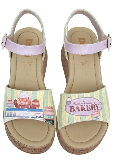 Women Vegan Leather Multicolor Wedge Sandals - Red Pandas Bakery Design - 
