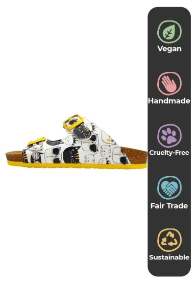 Women Vegan Leather White Slippers - Monochrome Cats Design - 