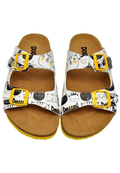 Women Vegan Leather White Slippers - Monochrome Cats Design - 