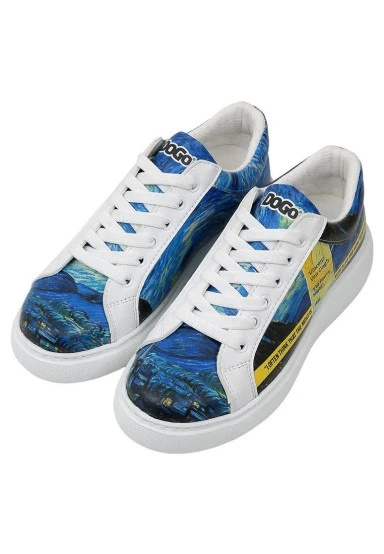 Women Vegan Leather White Sneakers - Vincent van Gogh The Starry Night Muse Design - 