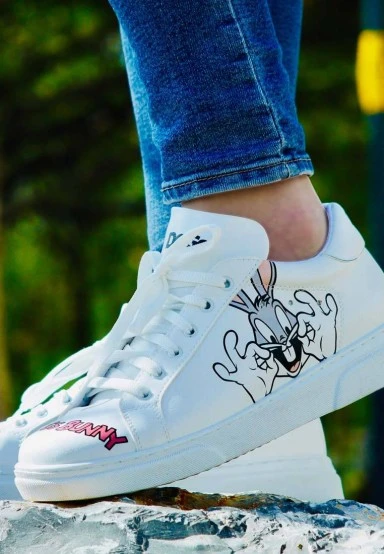 Women Vegan Leather White Sneakers - What's Up Doc? Bugs Bunny Design - 