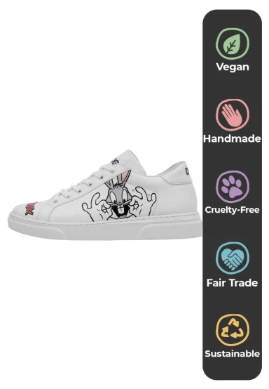Women Vegan Leather White Sneakers - What's Up Doc? Bugs Bunny Design - 