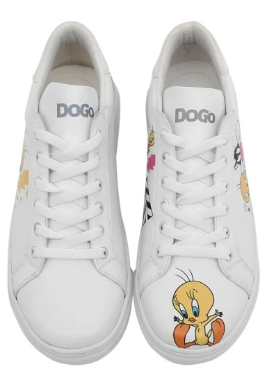 Women Vegan Leather White Sneakers - Best of Tweety and Sylvester Design - 