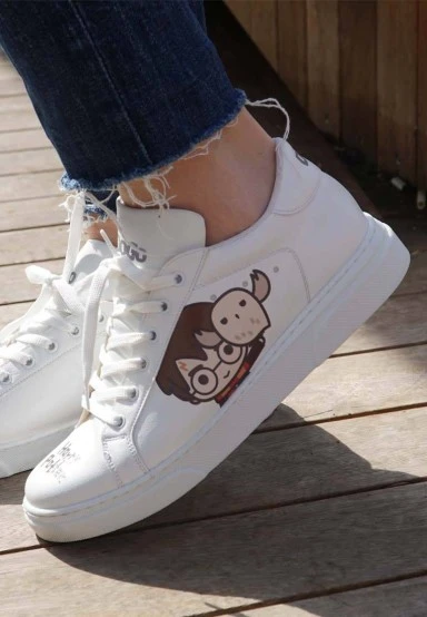 Women Vegan Leather White Sneakers - Friends Till Eternity Harry Potter Design - 