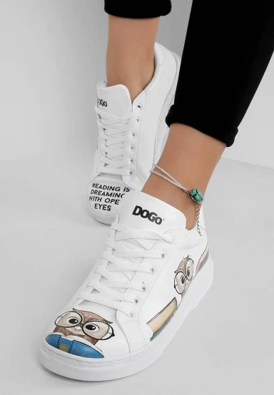 Women Vegan Leather White Sneakers - The Wise Owl Design - 