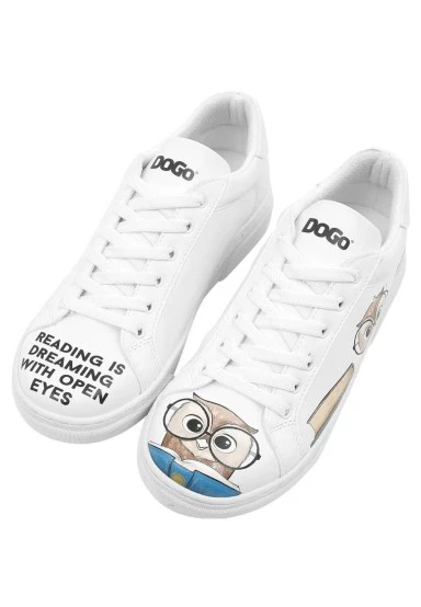 Women Vegan Leather White Sneakers - The Wise Owl Design - 