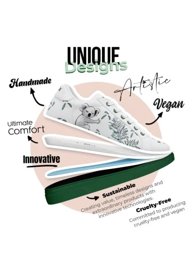 Women Vegan Leather White Sneakers - Koala Hug Design - 