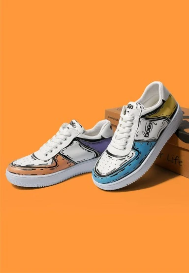Women Vegan Leather White Sneakers - Dogo Sketch Design - 