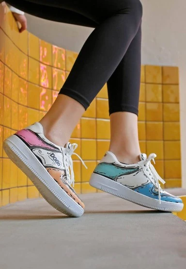 Women Vegan Leather White Sneakers - Dogo Sketch Design - 