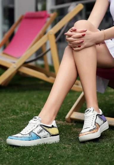 Women Vegan Leather White Sneakers - Dogo Sketch Design - 