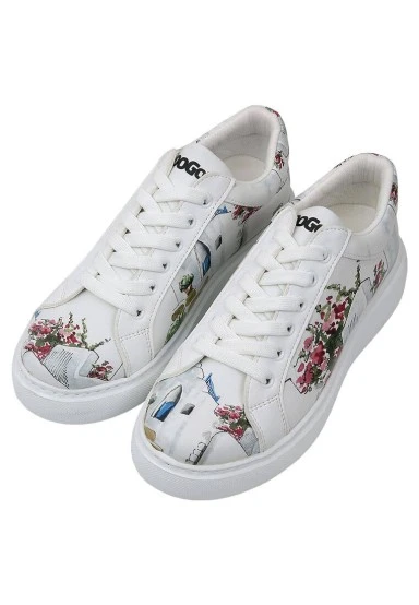 Women Vegan Leather White Sneakers - Paperflower Design - 