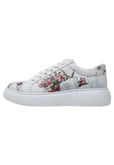 Women Vegan Leather White Sneakers - Paperflower Design - 