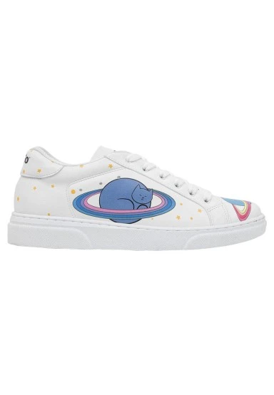 Women Vegan Leather White Sneakers - Cat Planets Design - 