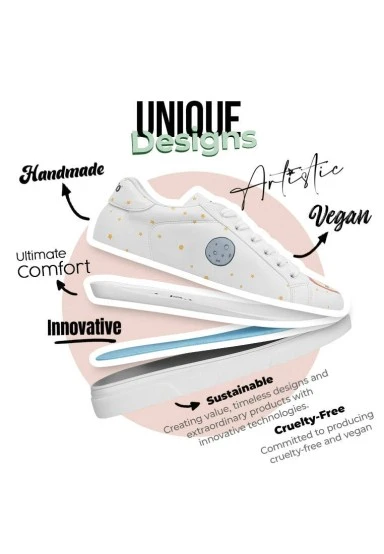 Women Vegan Leather White Sneakers - Cat Planets Design - 