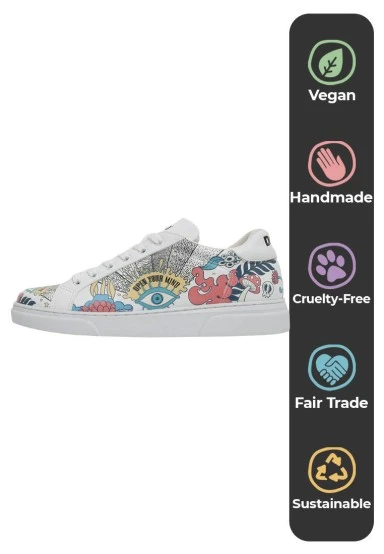 Women Vegan Leather White Sneakers - Open Your Mind Design - 