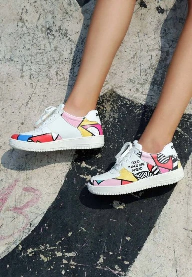 Women Vegan Leather White Sneakers - Painting in Harmony Design - 