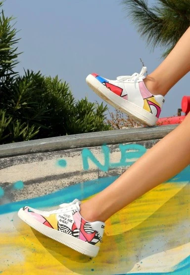Women Vegan Leather White Sneakers - Painting in Harmony Design - 