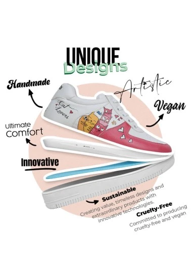 Women Vegan Leather White Sneakers - Cat Lovers Design - 