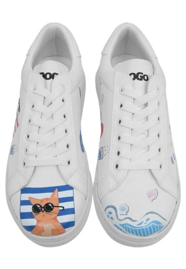 Women Vegan Leather White Sneakers - Cats on the Beach Design - 
