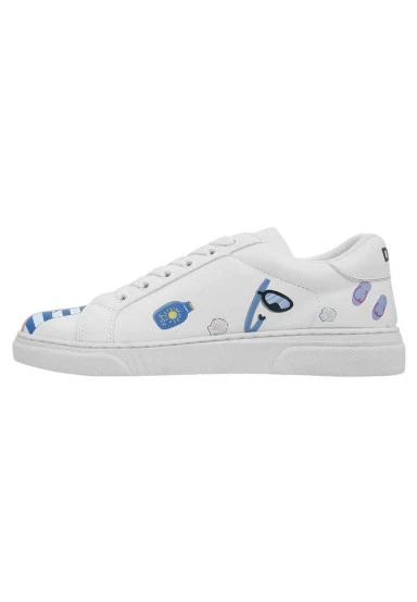 Women Vegan Leather White Sneakers - Cats on the Beach Design - 