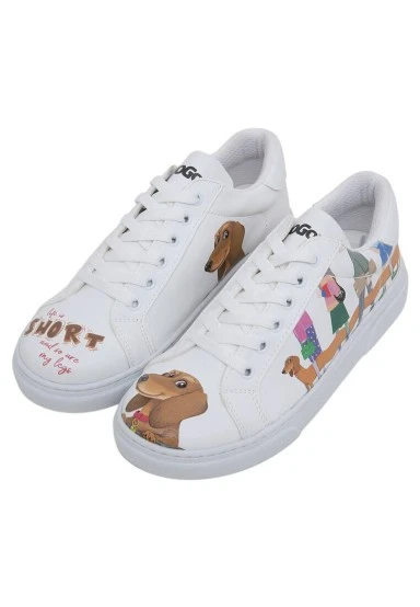 Women Vegan Leather White Sneakers - Mini Puppy Design - 