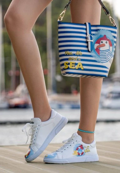 Women Vegan Leather White Sneakers - You, Me and the Sea Design - 