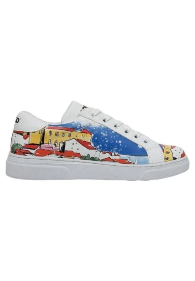 Women Vegan Leather White Sneakers - On the Roofs Design - 