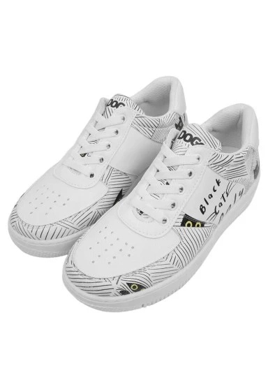 Women Vegan Leather White Sneakers - Black Cats Only Design - 
