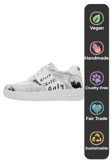 Women Vegan Leather White Sneakers - Black Cats Only Design - 