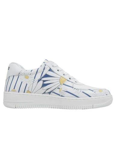 Women Vegan Leather White Sneakers - Daisy Stripes Design - 