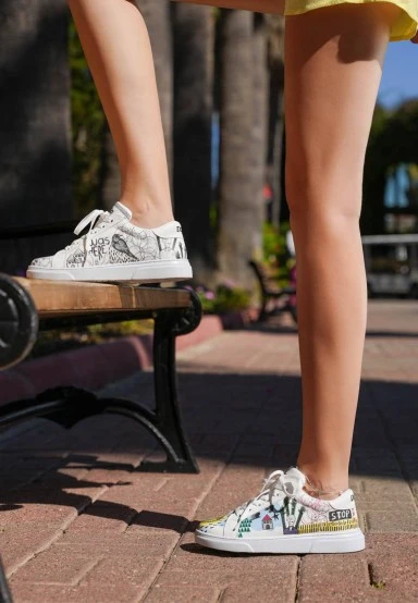 Women Vegan Leather White Sneakers - I was here Design - 