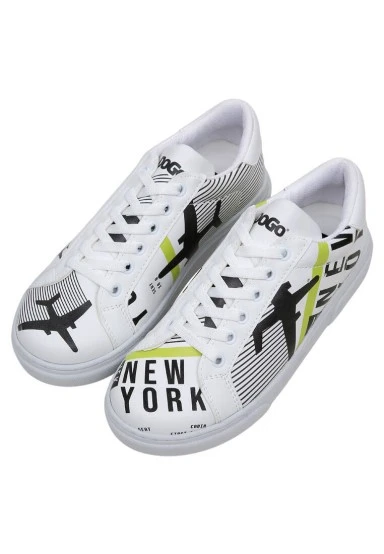 Women Vegan Leather White Sneakers - New York Ticket Design - 