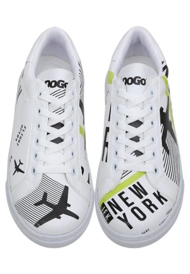 Women Vegan Leather White Sneakers - New York Ticket Design - 
