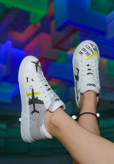 Women Vegan Leather White Sneakers - New York Ticket Design - 
