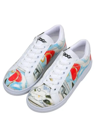 Women Vegan Leather White Sneakers - Hartley's Flower Design - 