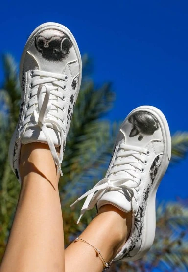 Women Vegan Leather White Sneakers - Fluffy Design - 