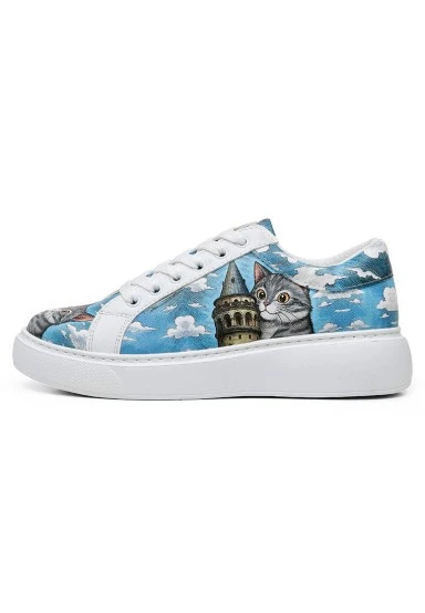 Women Vegan Leather White Sneakers - Galata Cat Design - 