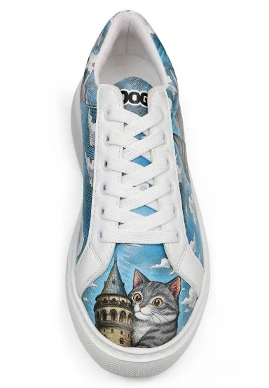 Women Vegan Leather White Sneakers - Galata Cat Design - 