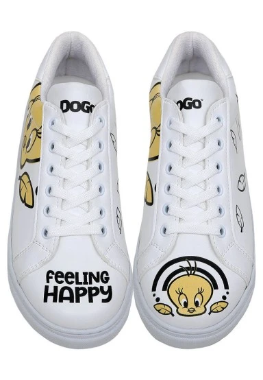 Women Vegan Leather White Sneakers - Warner Bros Feeling Happy Design - 