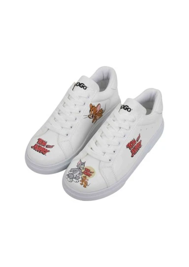 Women Vegan Leather White Sneakers - Warner Bros Tom ve Jerry Design - 